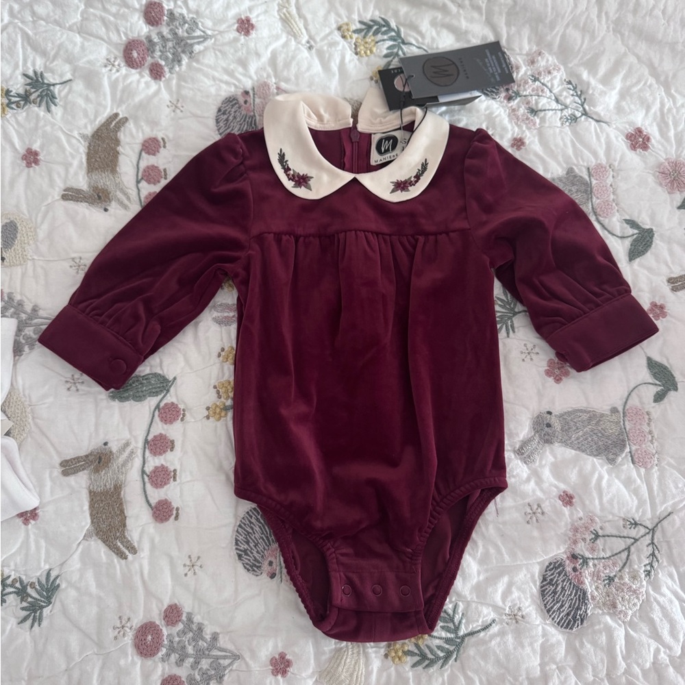 Maniere Burgundy Velvet One-Piece with Embroidered Collar